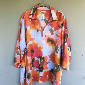 Joie Tunic Top Womens 1X Abstract Floral Linen Popover 3/4 Sleeve Artsy Boho